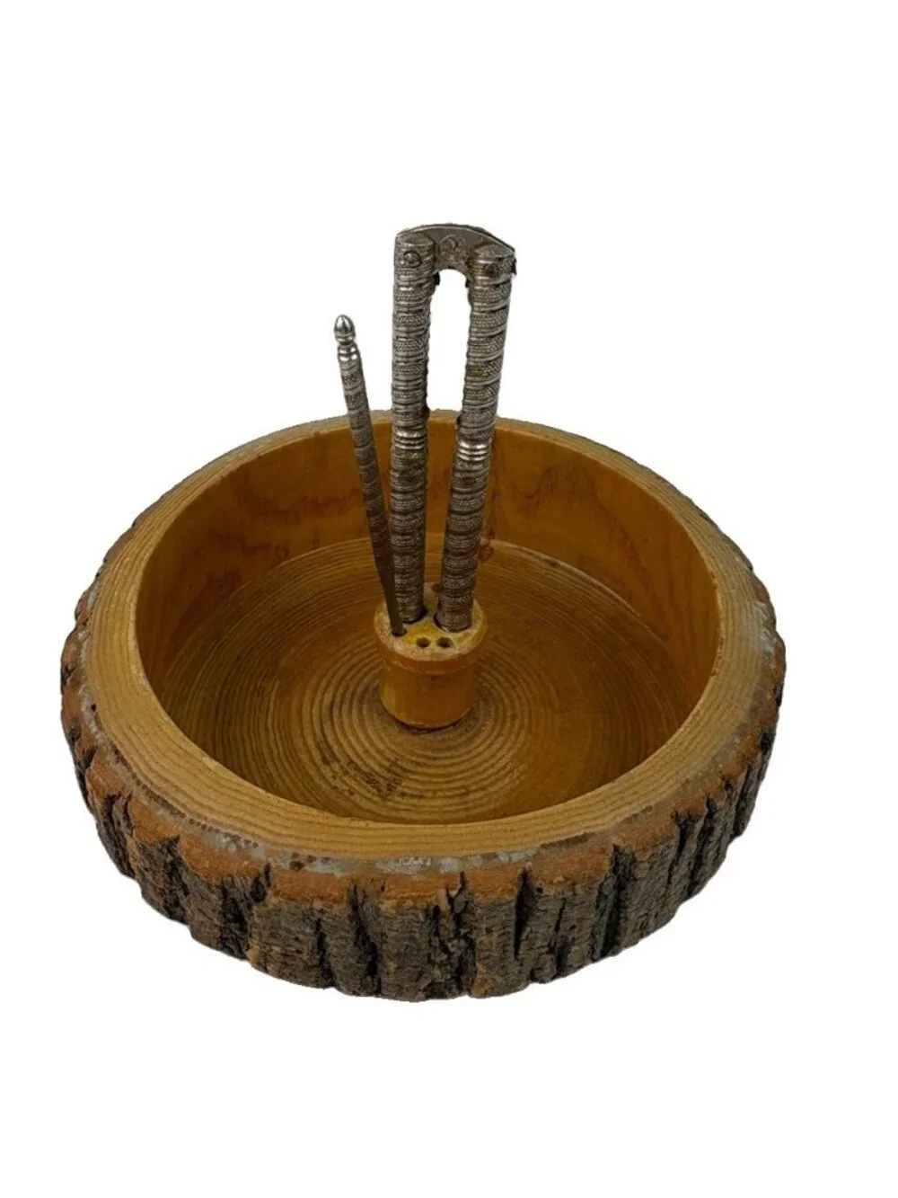 *Vintage Bark Nut Bowl Round Wooden Picks Nut Crackers Rustic Retro